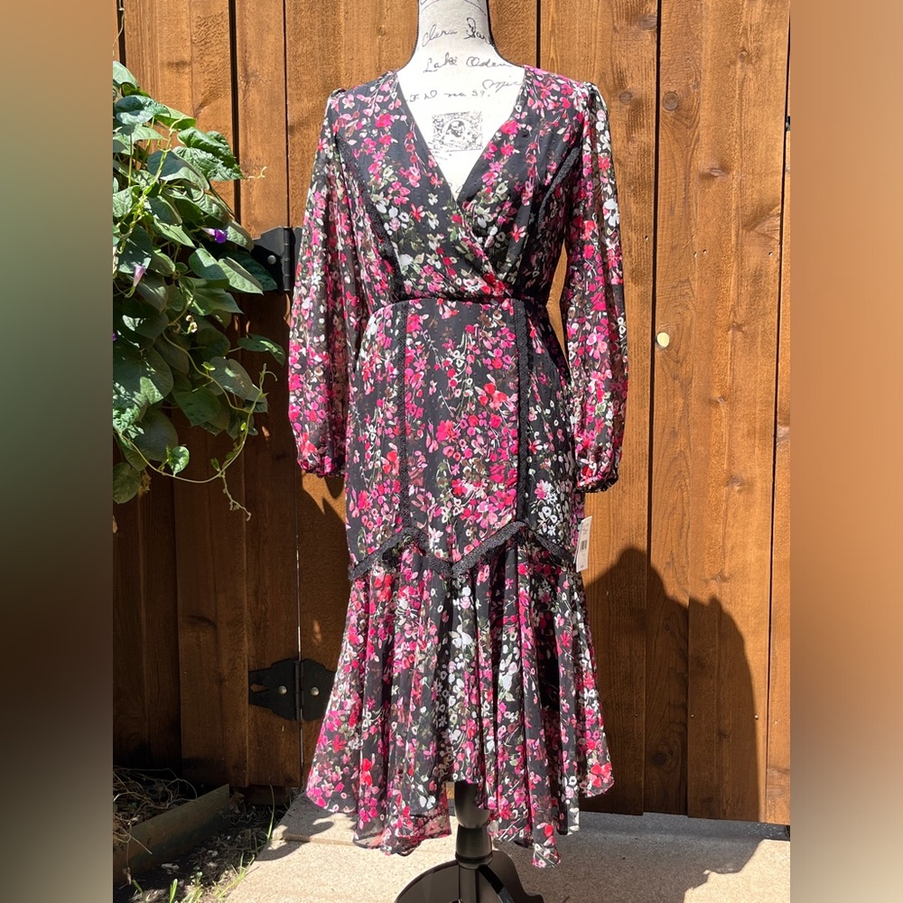 Danny and Nicole Black Floral Long Sleeve Midi Dress Berry Size 4 NWT